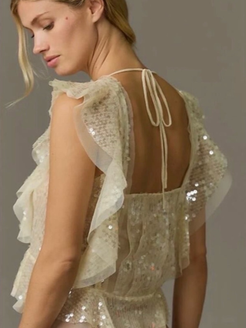Anthropologie Iridescent Sequin Sheer Tulle Crop Top in Champagne - Picture 2 of 8